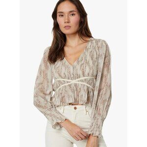 En Saison Ever Pleated Chiffon Long-Sleeve Oat Top cropped size S